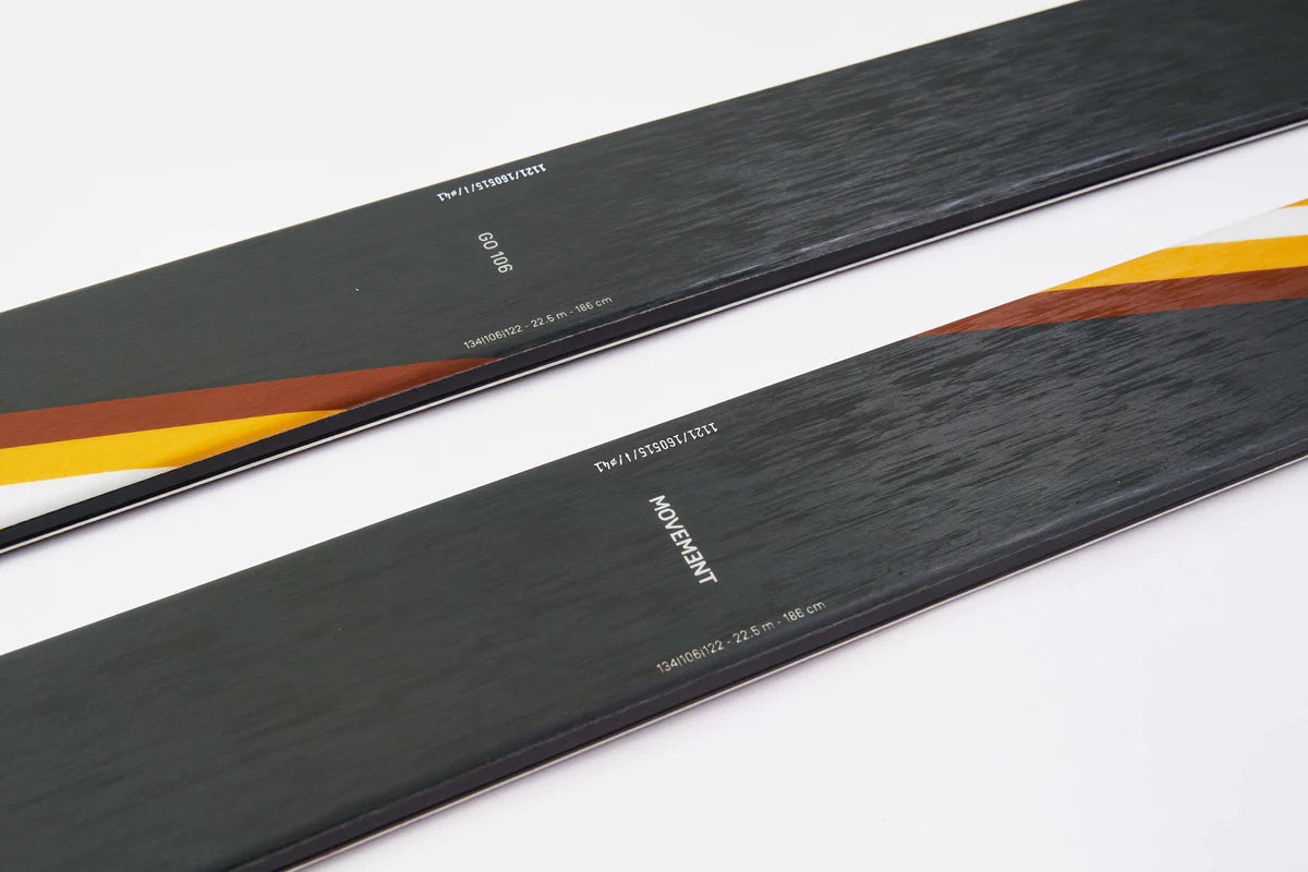 Skis, Powder Skis, Movement, Go 106, Middle of skis, Grey Orange and White stripe white background