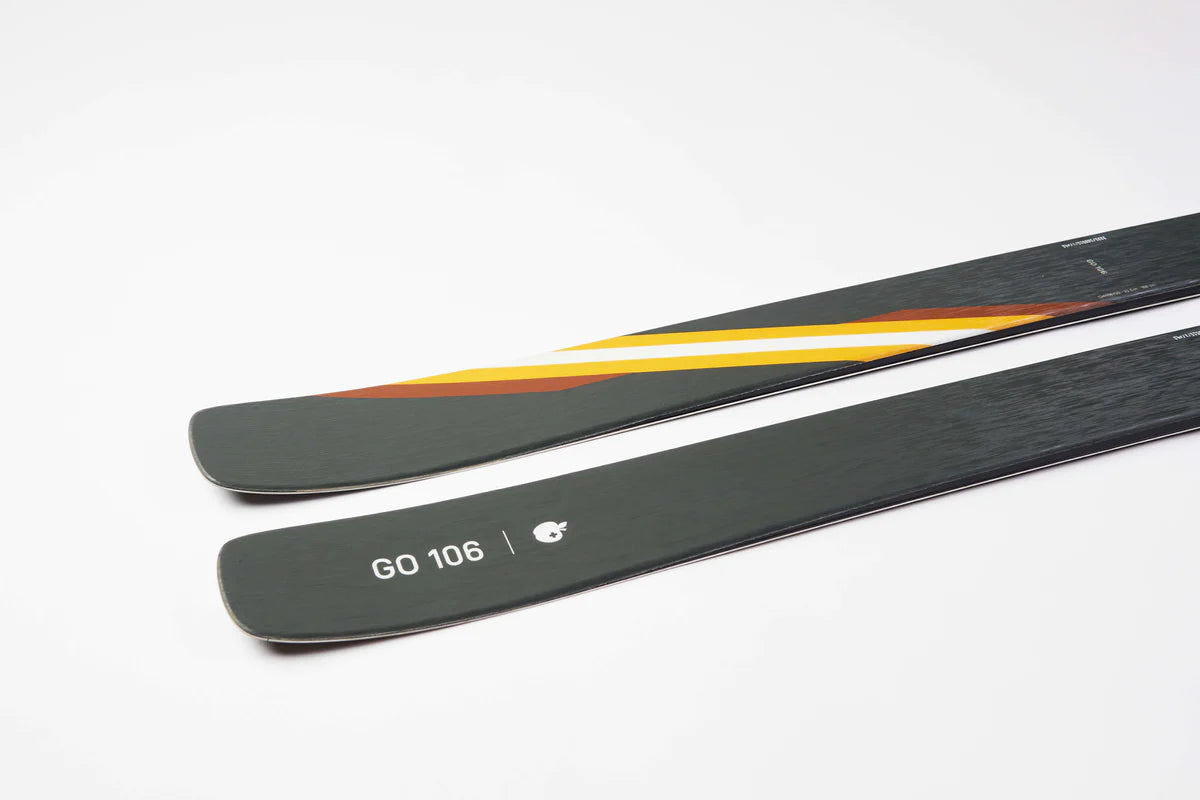 Skis, Powder Skis, Movement, Go 106, Tails of skis, Grey Orange and White stripe white background