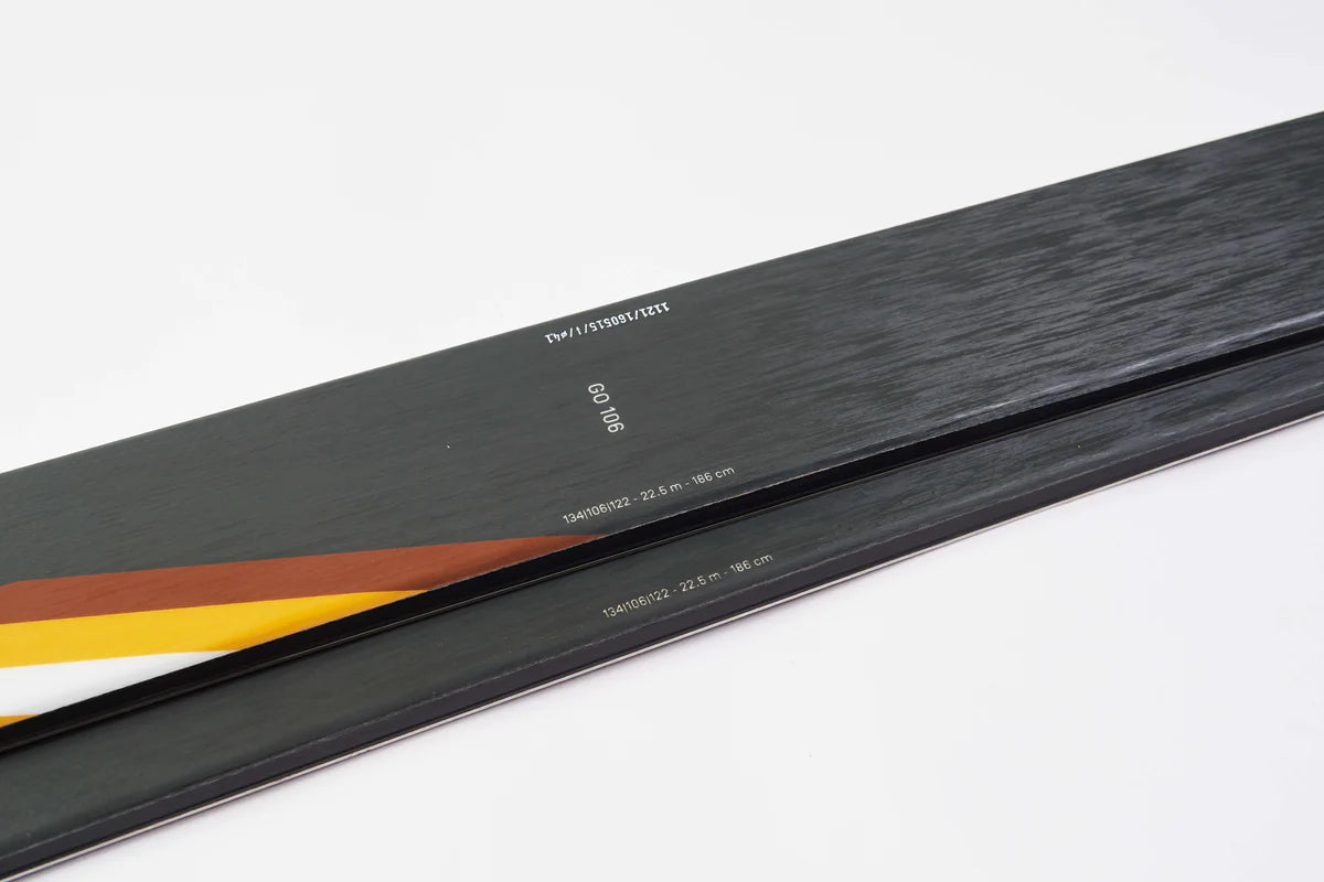 Skis, Powder Skis, Movement, Go 106, Middle of skis, Grey Orange and White stripe white background