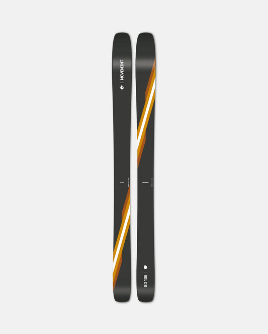 Skis, Powder Skis, Movement, Go 106, Top of skis, Grey Orange and White stripe white background